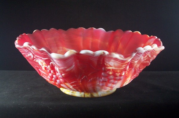 Imperial Glass Red Satin Slag Ruffled Bowl, Grape Pattern, 10