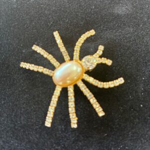 Vintage Gold-Tone Faux Pearl and Rhinestone Spider Brooch
